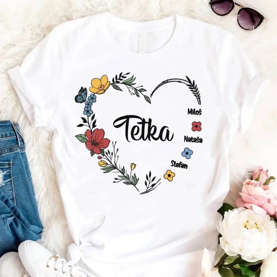 Srce od cveća sa imenima - Majica za Tetku