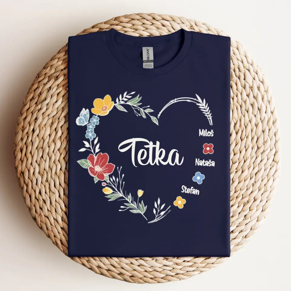 Srce od cveća sa imenima - Majica za Tetku