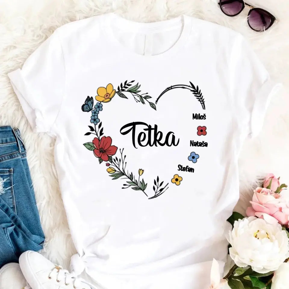 Srce od cveća sa imenima - Majica za Tetku